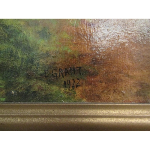 1436 - E.GRANT: An oil on board depicting boat on a canal with trees and mountain to background, signed and... 