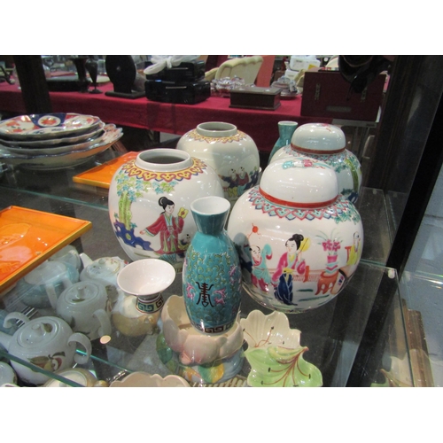 1513 - A pair of Oriental ginger jars (one lid missing) and a collection of Japanese Imari plates, Japanese... 