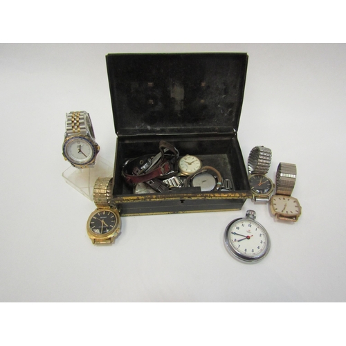 1327 - A tin and a bag containing a selection of wristwatches, stopwatch etc. (a/f)