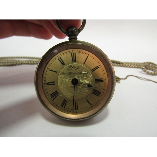 1340 - A pocket watch with cracked face and two lockets marked 375 with chains