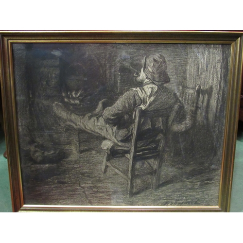 4021 - HENRY SILKSTONE HOPWOOD (1860-1914): Artist charcoal drawing of fisherman warming by fire, framed an... 