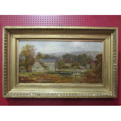 4043 - A late Victorian oil on board depicting watermill and river scene, gilt framed, 30cm x 60cm image si... 