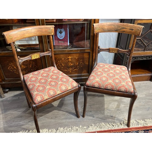 4091 - A pair of Regency rosewood dining chairs with boulle work style to backs, upholstered drop in seats,... 