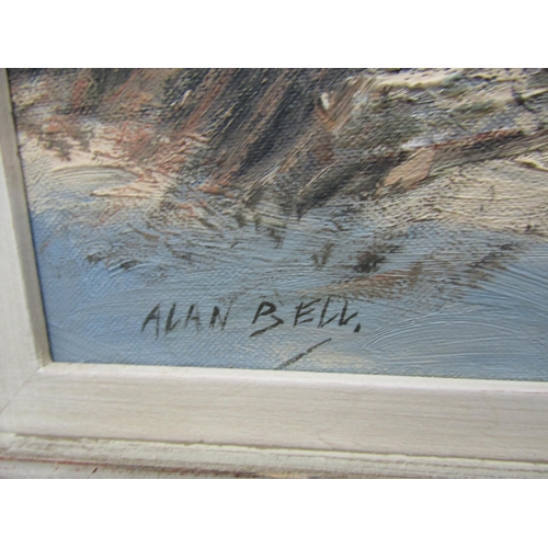 4095 - ALAN BELL: 20th Century artist, landscape depicting team of horses pulling logs with village and spi... 