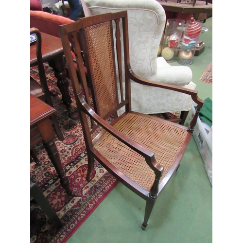 4233 - An Edwardian line inlaid mahogany bergere armchair with burr walnut decoration in the manner of 