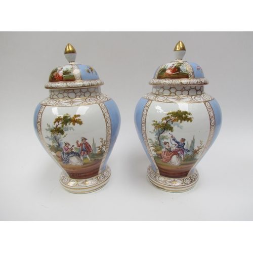 4310 - A pair of 19th Century Dresden lidded urns with handpainted cartouches, floral spray detail, 27cm ta... 