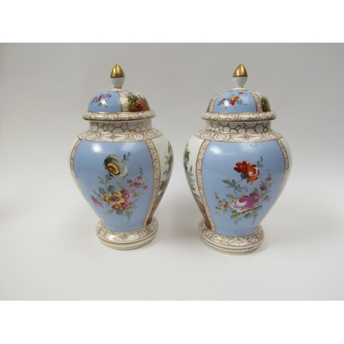 4310 - A pair of 19th Century Dresden lidded urns with handpainted cartouches, floral spray detail, 27cm ta... 