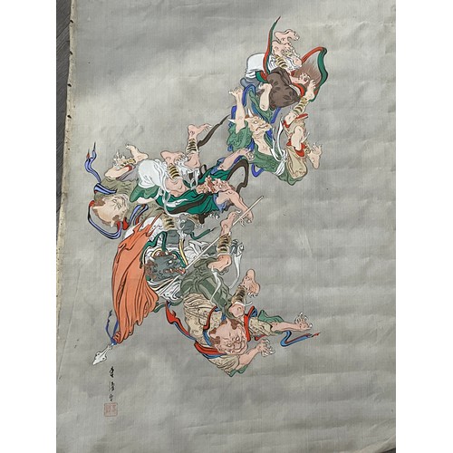 4122 - An Oriental handpainted silk display of a battle scene, unframed, 132cm x 59cm    (R)  £50