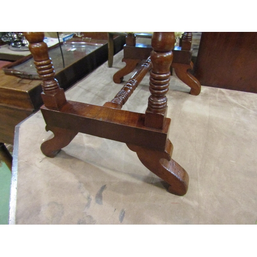 4011 - A Victorian flame mahogany work table with single end drawer and three faux over a wool drawer on ri... 