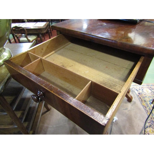 4011 - A Victorian flame mahogany work table with single end drawer and three faux over a wool drawer on ri... 