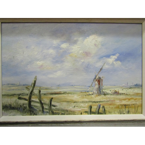 4044 - A 20th Century oil on board depicting Norfolk Broads windmill/pump in field. Signed lower right. Fra... 