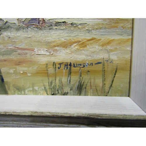 4044 - A 20th Century oil on board depicting Norfolk Broads windmill/pump in field. Signed lower right. Fra... 