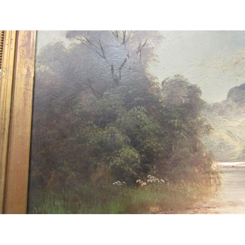 4057 - G. HILL: An oil on canvas depicting a river scene with hills and waterside trees. Signed lower right... 