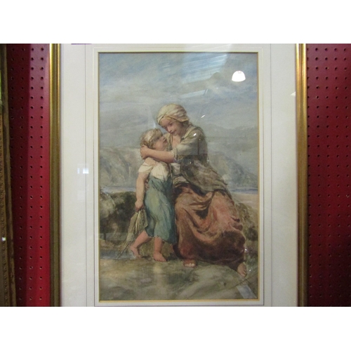 4058 - An English School Victorian watercolour of mother and child on coastal cliff. Framed and glazed. 45c... 