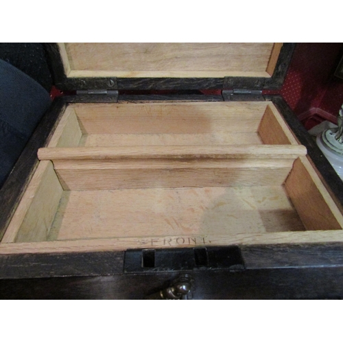 4061 - An oak table-top casket with lift-out two division internal tray dated 1932 with carved monogrammed ... 