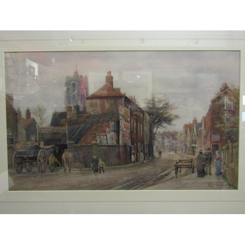 4071 - E. JENNINGS: Townscape with church, buildings, road and figures. Watercolour. Framed and glazed. 36c... 