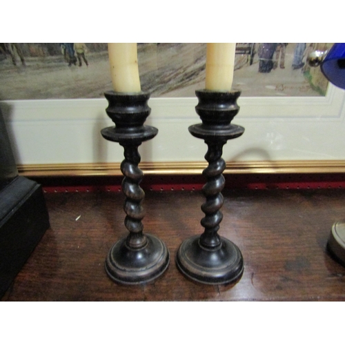 4077 - A pair of ebony barley-twist candlesticks, 18cm tall