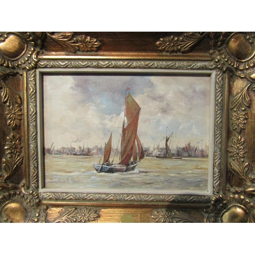 4101 - ARTHUR A. PANK: Suffolk barges off the coast and on a waterway. A pair of oils on artist's board. Bo... 