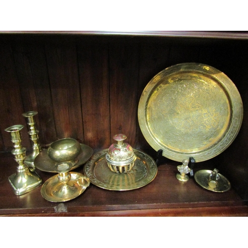 4154 - A selection of brass items including candlesticks, dishes, pot etc.