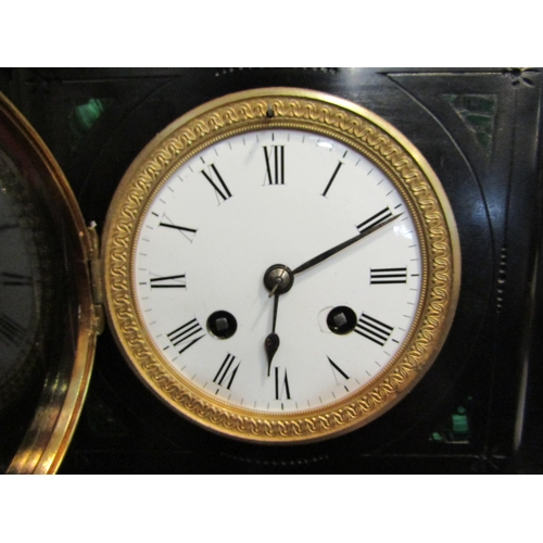 4171 - A 19th Century black slate mantel clock, Roman numeral dial, malachite inserts, stepped base, strike... 