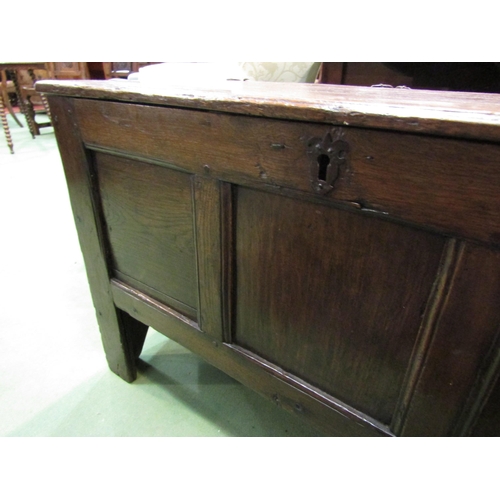 4218 - A 17th Century oak coffer the triple split hinged top over a three panel front on arched end support... 