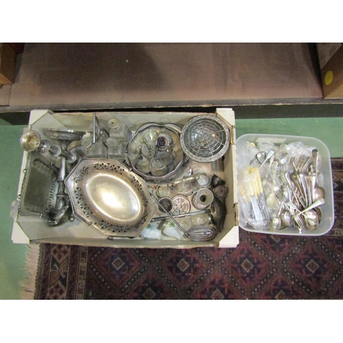 4271 - A box and a tub containing a quantity of assorted plated flatware, rose bowl, candlesticks etc.