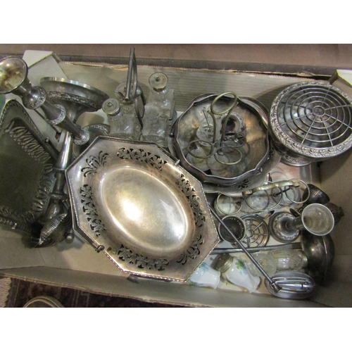 4271 - A box and a tub containing a quantity of assorted plated flatware, rose bowl, candlesticks etc.