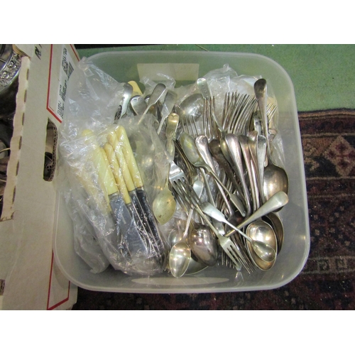 4271 - A box and a tub containing a quantity of assorted plated flatware, rose bowl, candlesticks etc.