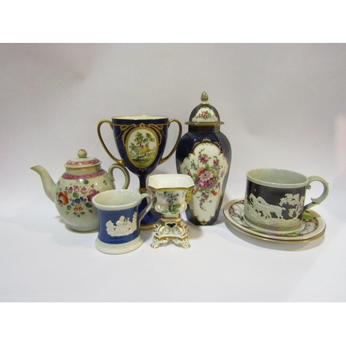 4305 - Eight pieces of china including Mintons cobalt and gilt twin handled loving cup, a pair of Copelands... 