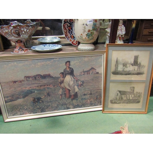 4311 - A framed print of mother and children working in field together with two etchings after J.B Ladbrook... 