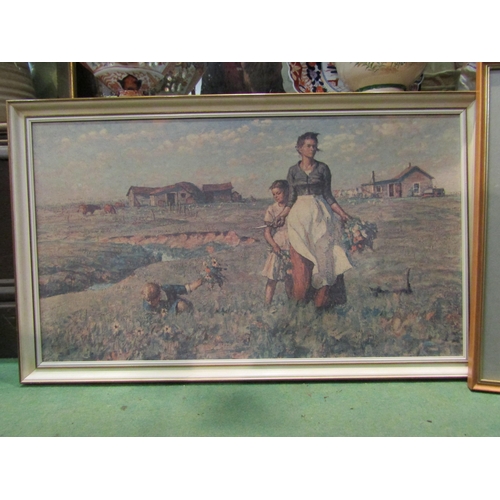 4311 - A framed print of mother and children working in field together with two etchings after J.B Ladbrook... 