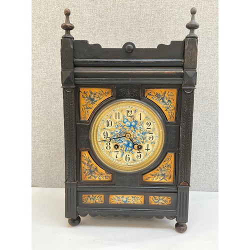 7008 - A circa 1900 ebonised mantel clock, Arabic dial, 8 day movement, gilded panels, face restored, 52cm ... 