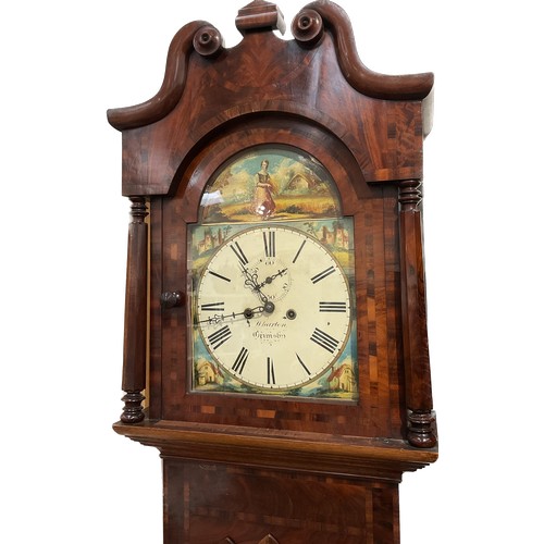 7029 - A Georgian Wharton of Grimsby oversized longcase clock, mahogany case, painted Roman dial, marquetry... 