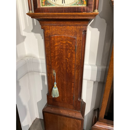 7039 - A 19th Century painted arch dial long case clock with subsidiary seconds and calendar wheel in mahog... 