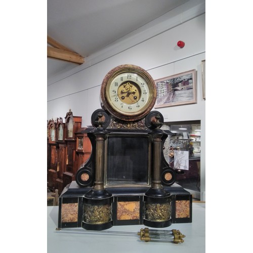 7277 - A late 19th Century black slate and marble mantel clock, Arabic porcelain chapter ring, visible esca... 