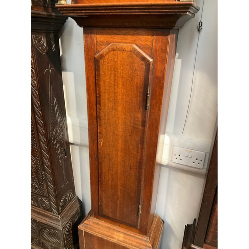 7102 - An E. Clark of Coningsby oak cased long case clock with painted dial, second subsidiary and calendar... 