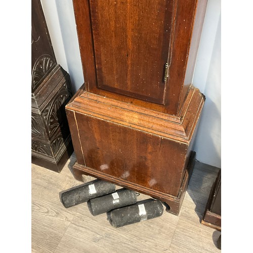 7102 - An E. Clark of Coningsby oak cased long case clock with painted dial, second subsidiary and calendar... 