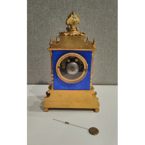 7295 - A late 19th Century French Ormolu and ceramic mantel clock, hand painted floral swags, two train mov... 