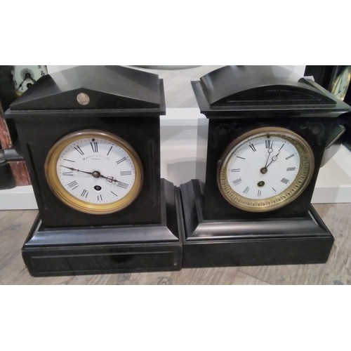 7305 - Two circa 1900 black slate mantel clocks of architectural form, one Maple and Co.