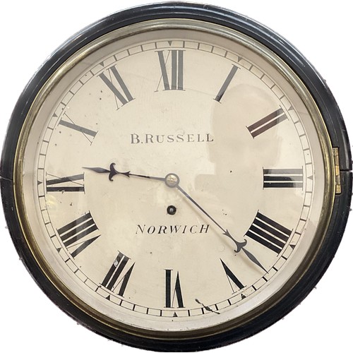 7060 - A 19th Century B. Russell of Norwich dial clock with fusee mechanism, 36cm case diameter, with pendu... 