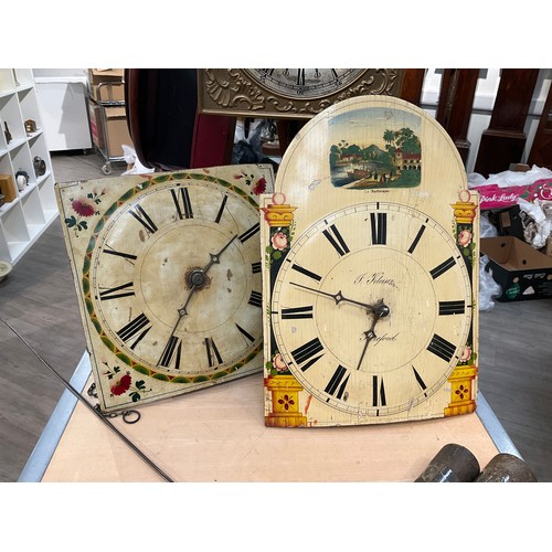 7080 - Two 19th Century painted wooden face wall-hanging clocks with visible weights and pendulum, with thr... 