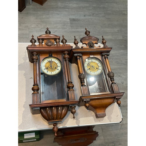 7084 - Two similar late 19th Century Vienna style wall clocks with porcelain Arabic chapter ring, recessed ... 