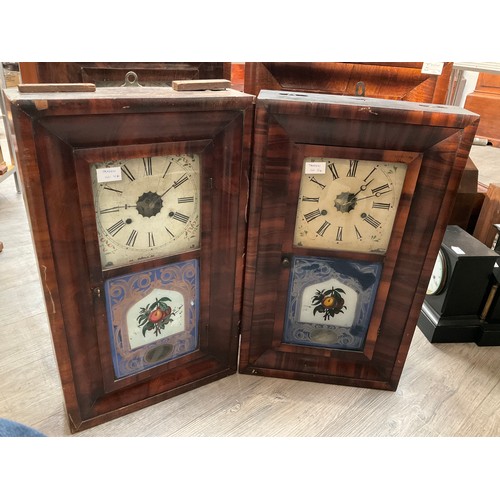 7116 - Four circa 1900 mahogany cased American wall clocks, Roman dials, pictorial glass