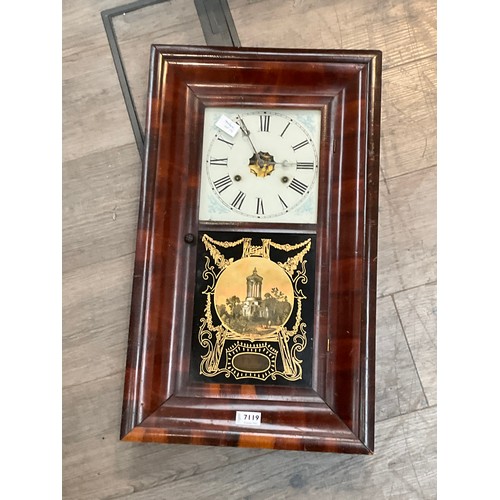 7119 - Three circa 1900 mahogany cased American wall clocks, one with gilt scene of stag