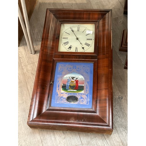 7119 - Three circa 1900 mahogany cased American wall clocks, one with gilt scene of stag