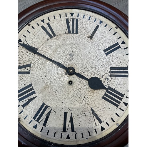 7249 - A 1940s GPO twin dial chain driven fusee station clock, George VI crest to face, one side crackled, ... 