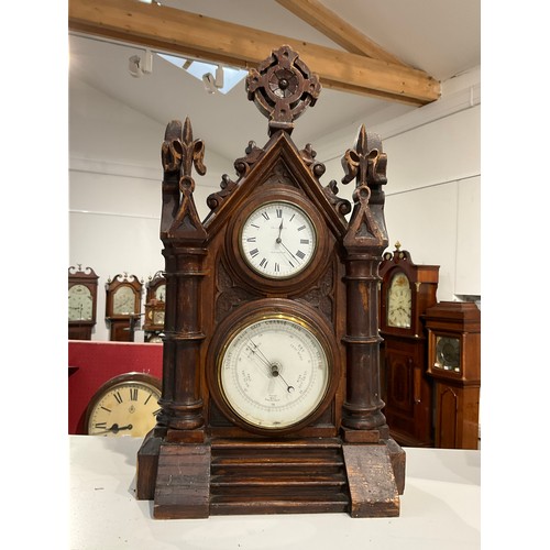 7253 - A Knight & Son of Northampton Gothic clock with barometer dial, stepped base, architectural form, wi... 