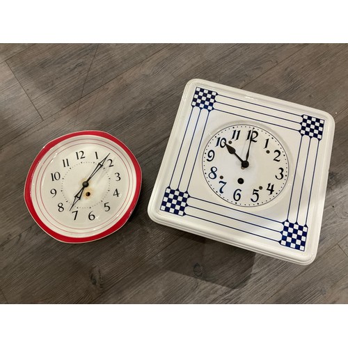 7274 - Five Continental ceramic wall clocks, two in blue and white including Dutch mill scene, Arabic dials