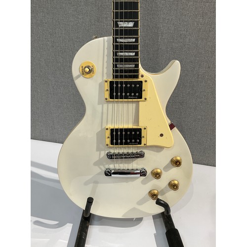 5008 - A Sheridan Les Paul style electric guitar with white body and AMG twin coil pickups, soft case