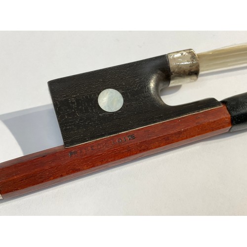 5091 - A French Francois Lotte violin bow with nickel and mother of pearl set ebony frog, round stick, ivor... 